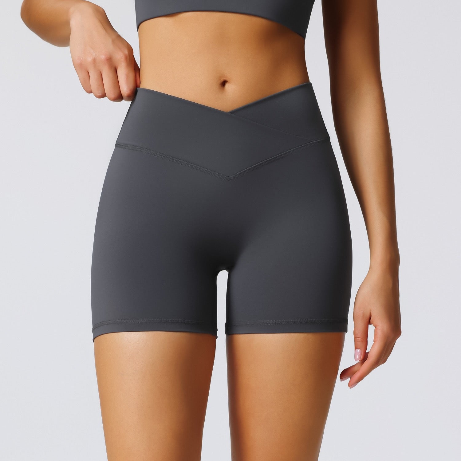 grey V-waist workout shorts for women