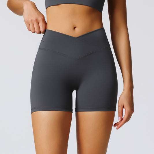 grey V-waist workout shorts for women