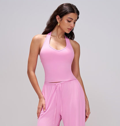 pink V neck activewear tank top