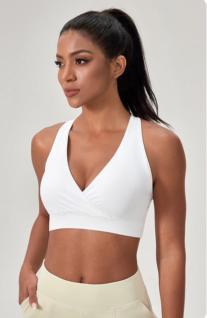 V neck sports bra white