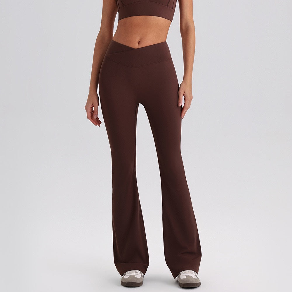 brown V waist flare pants women