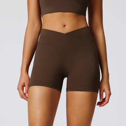 brown V waistband workout shorts for women