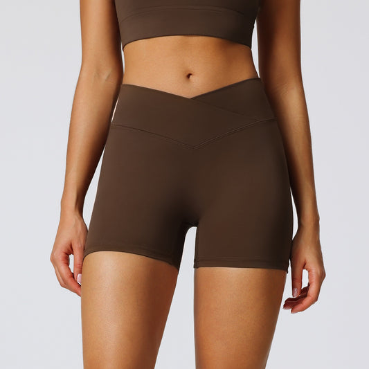 brown V waistband workout shorts for women