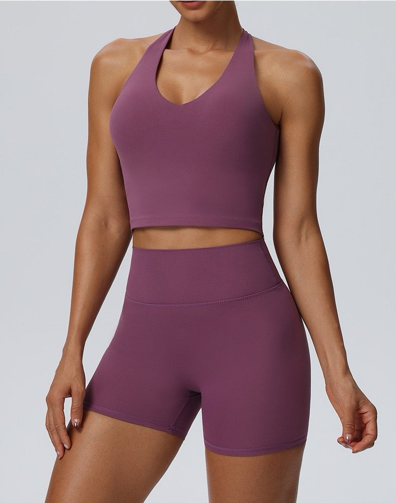 purple deep V cross back active tank