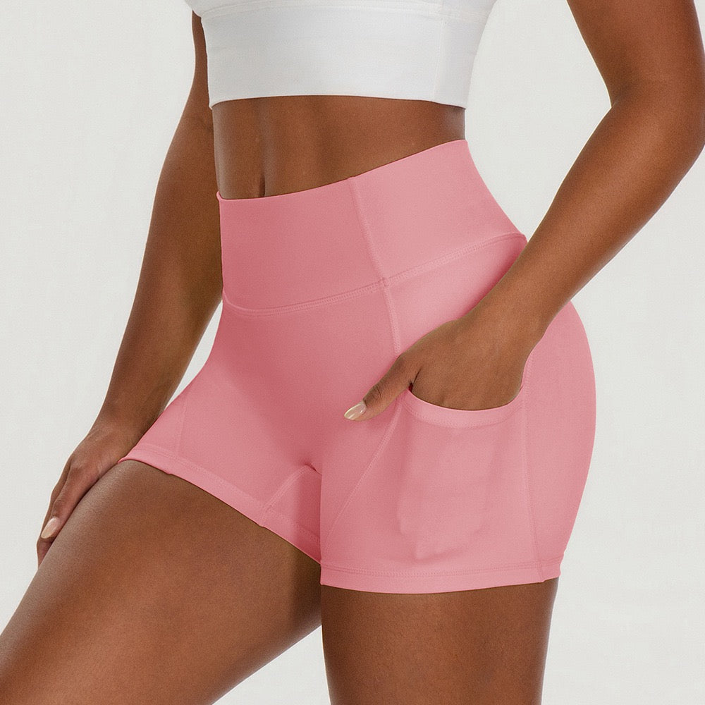pink high waist squat proof workout shorts