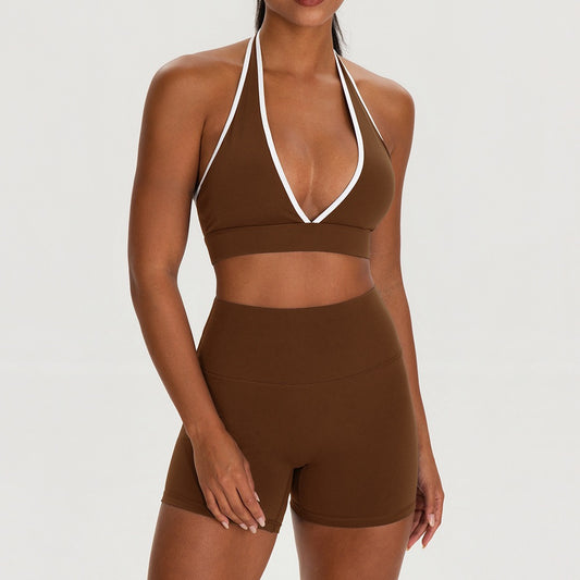 brown activewear set with pocket shorts
