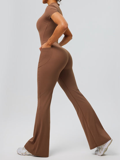 athleisure flared jumpsuit brown