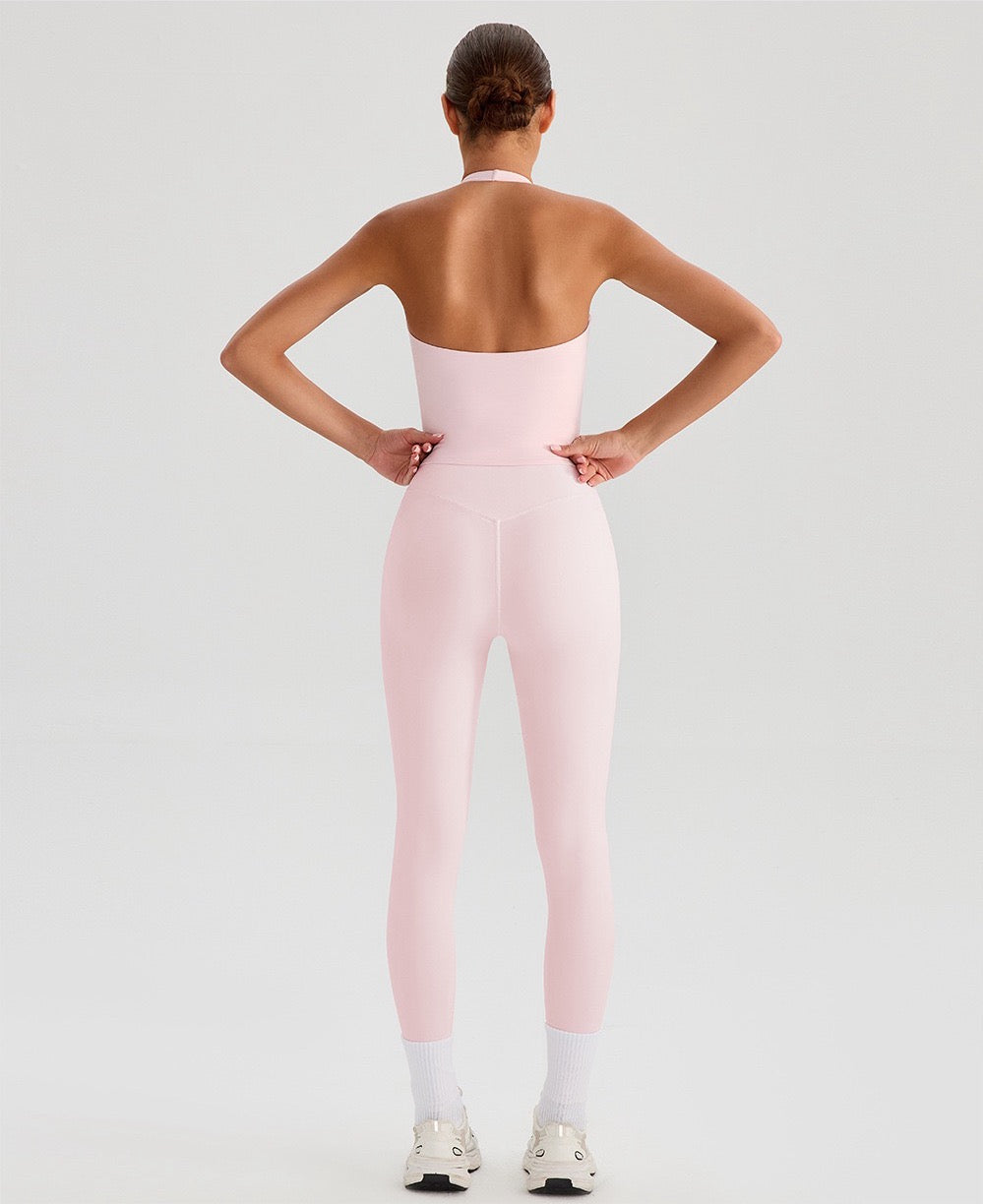 pink backless workout tank with built-in bra
