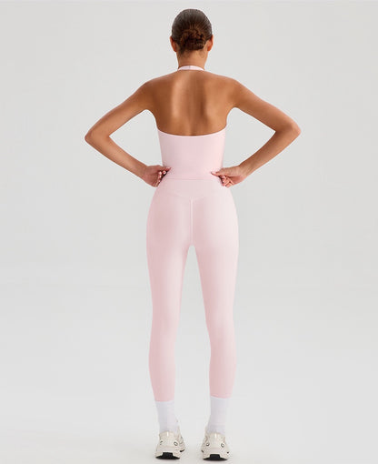 pink backless workout tank with built-in bra