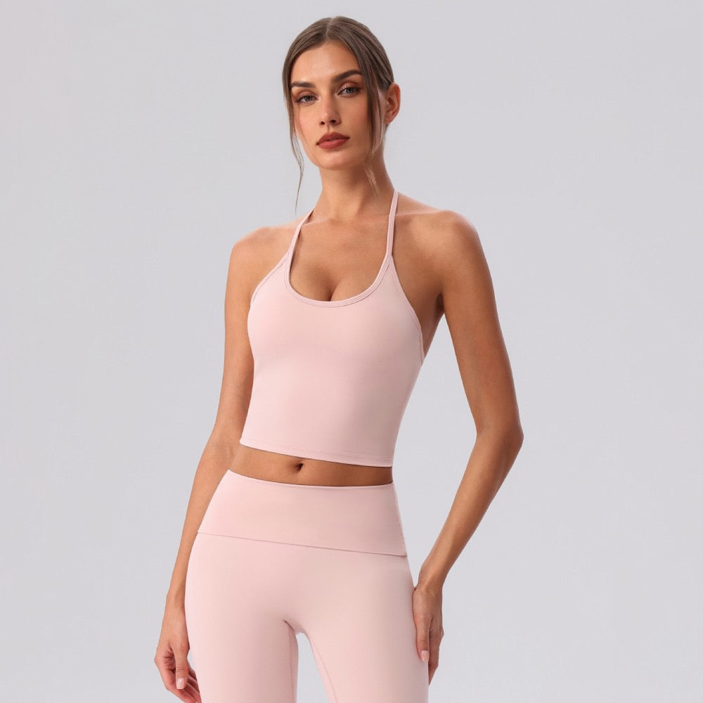 pink backless yoga crop top with padding