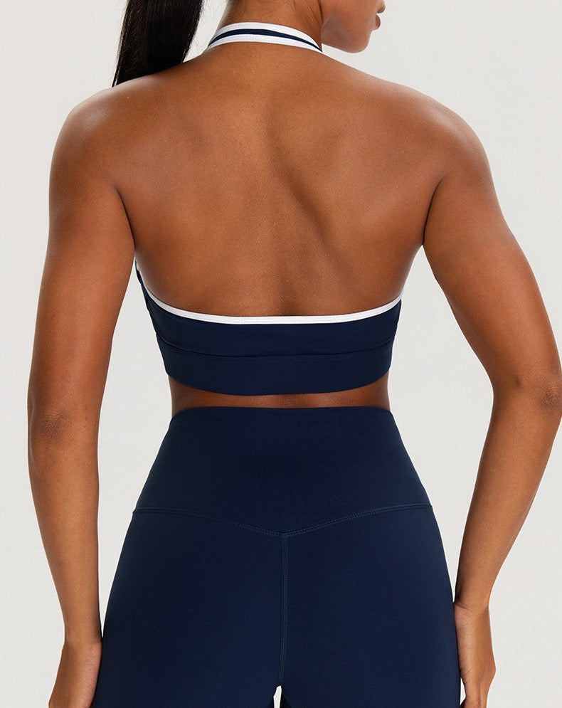 navy blue halter sports bra women