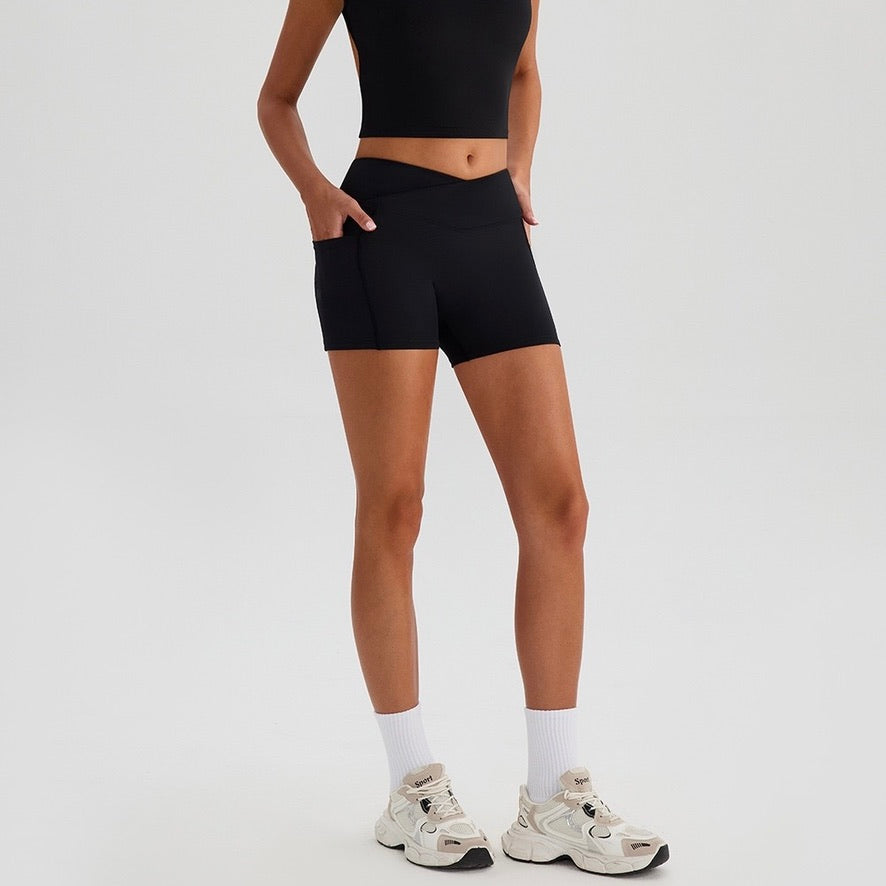 black biker shorts with side pockets