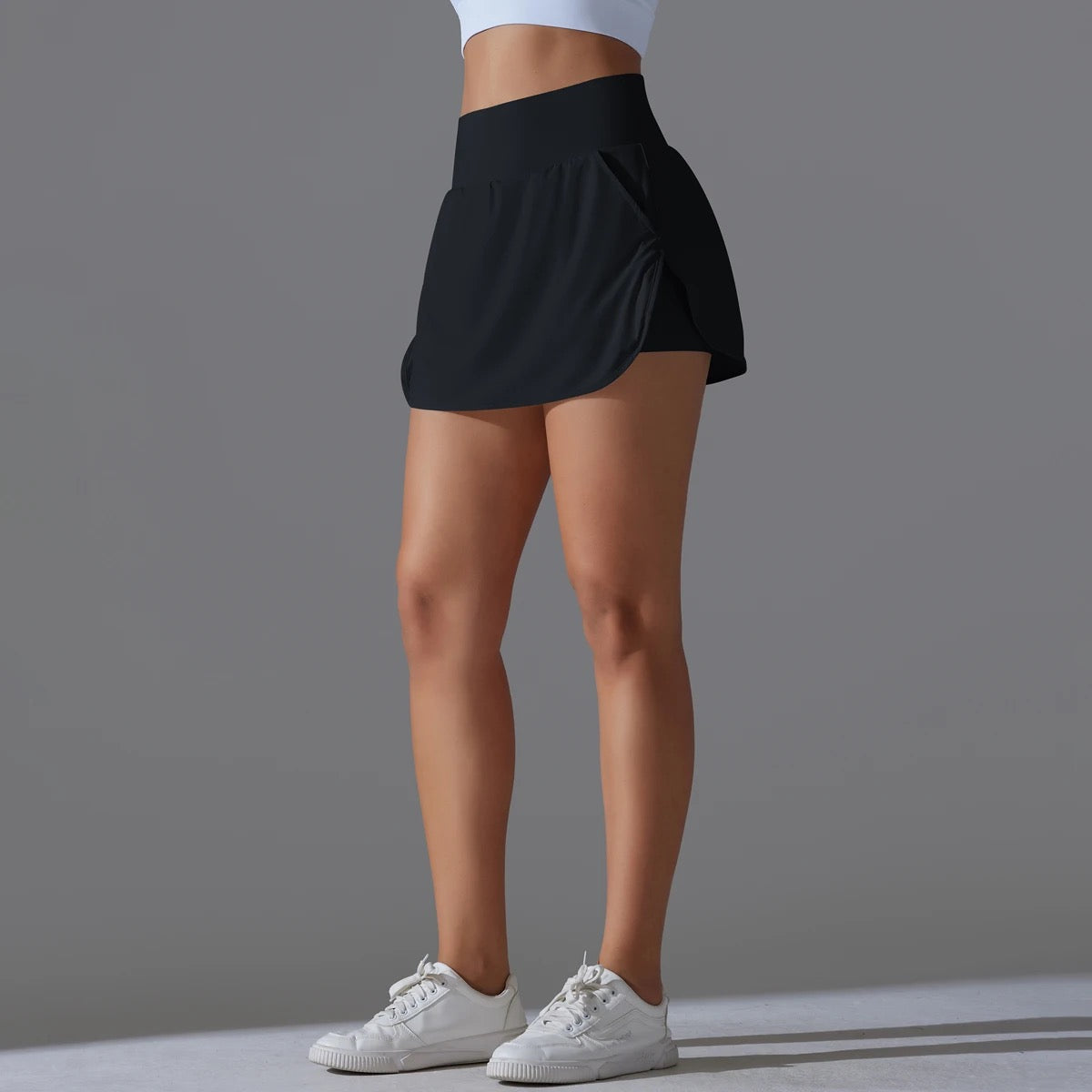 High-Waist Tennis Skirt with Pockets and Built-In Shorts - Black