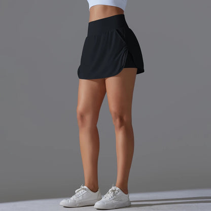 High-Waist Tennis Skirt with Pockets and Built-In Shorts - Navy