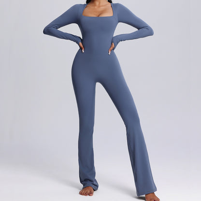 blue long sleeve yoga jumpsuit for women