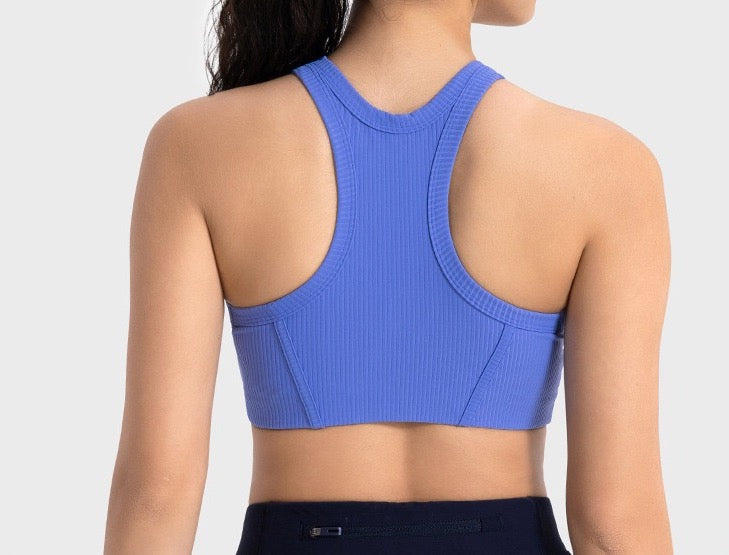 blue racerback sports bra for workouts