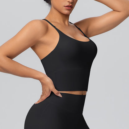 black buttery stretch sports bra for yoga class