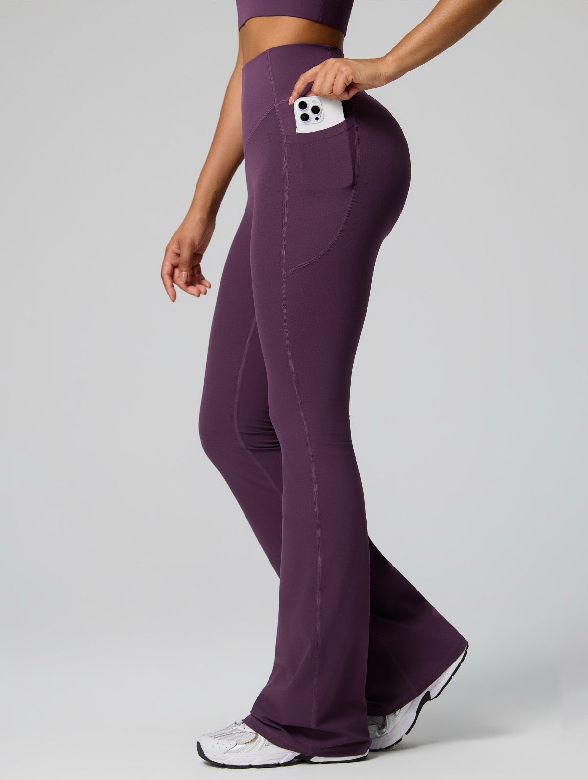 purple casual flare leggings with pockets