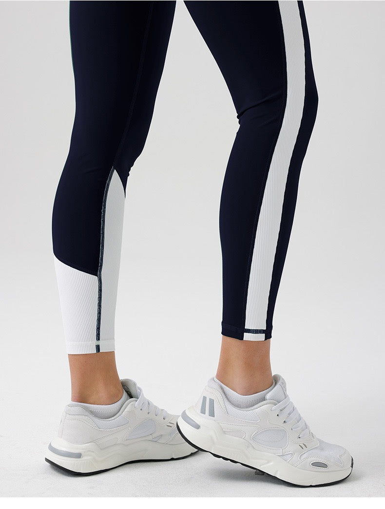 High-Waist Color Block Leggings - Navy Blue
