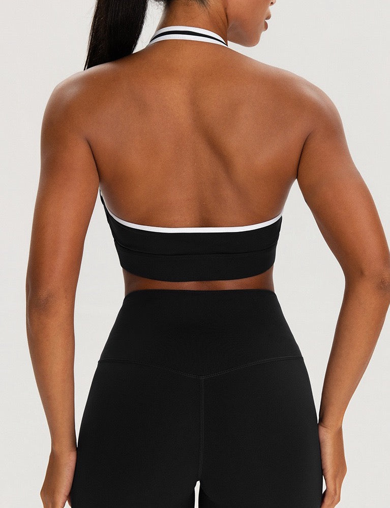 contrast trim halter neck sports top black