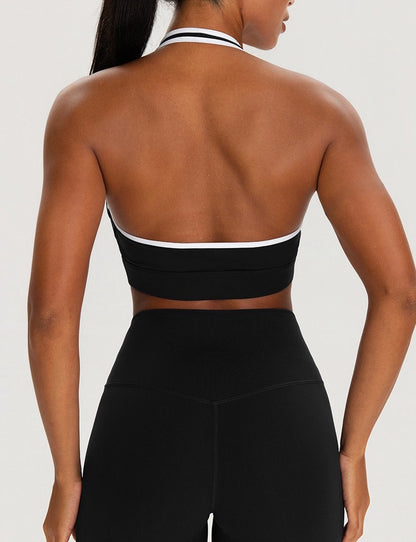 contrast trim halter neck sports top black