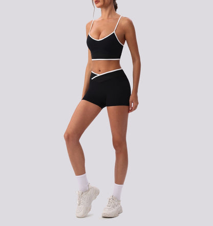 black contrast trim v neck sports bra women