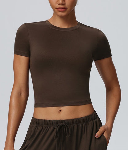 brown crew neck cropped gym t-shirt for women
