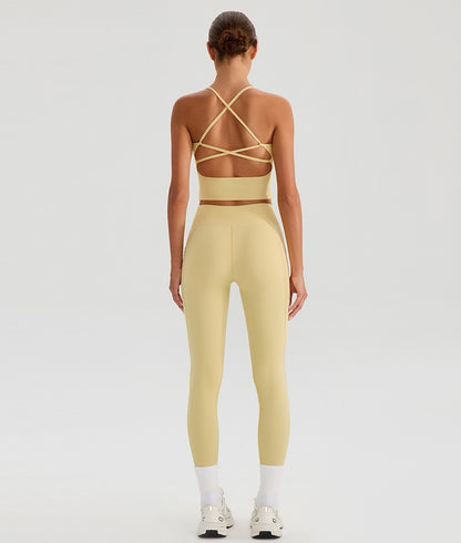 yellow crisscross back crop top and leggings matching set