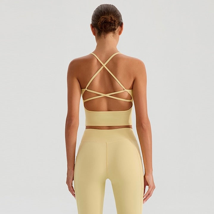 yellow crisscross back workout bra top for pilates