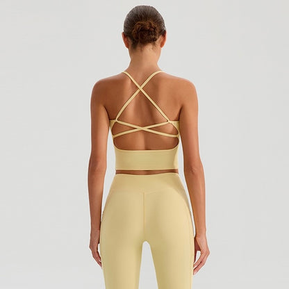 yellow crisscross back workout bra top for pilates