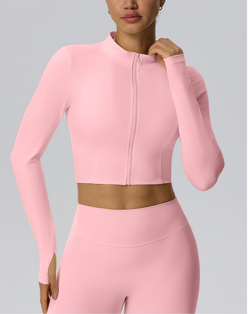 pink cropped long sleeve sports jacket for women