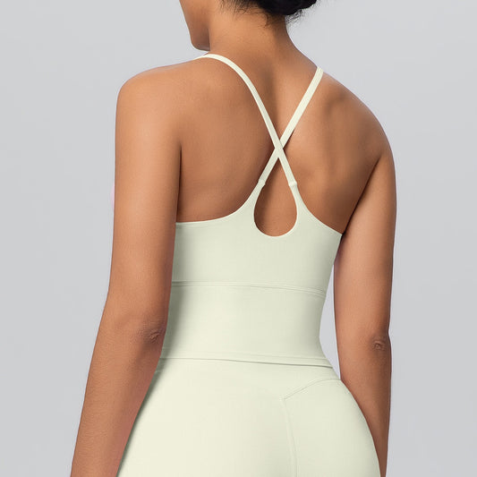 white cross-back longline yoga tank for women