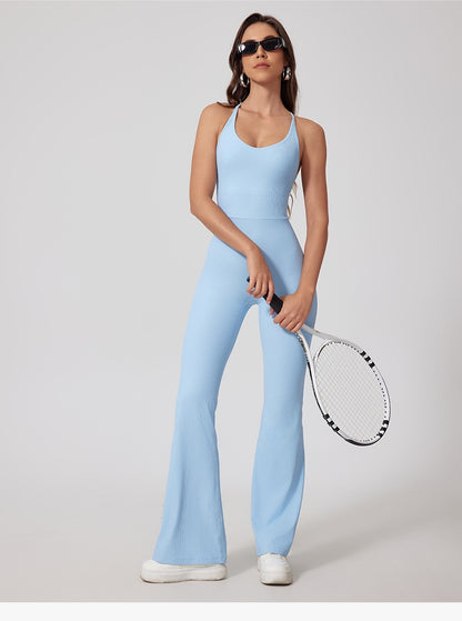 Women's Cross Back Flare Leg Onesie - Sky Blue