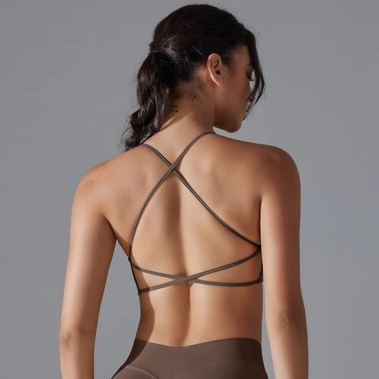 Strappy Crisscross Back Sports Bra - Brown