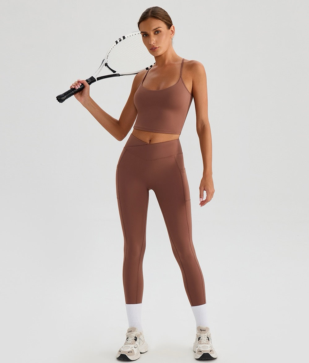 brown cross front leggings and crisscross back top matching set