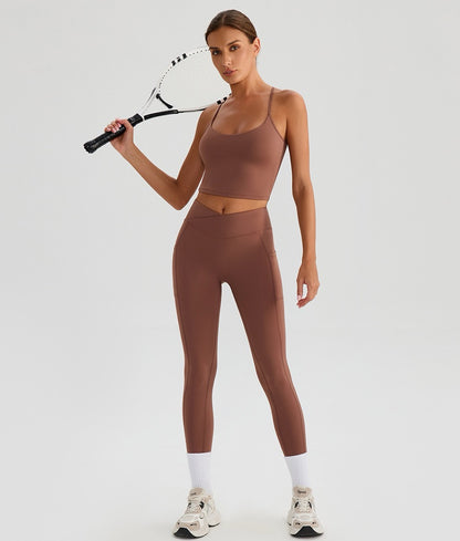 brown cross front leggings and crisscross back top matching set