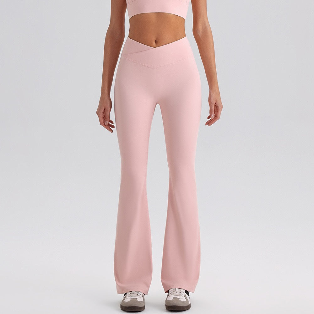 pink crossover flare yoga pants