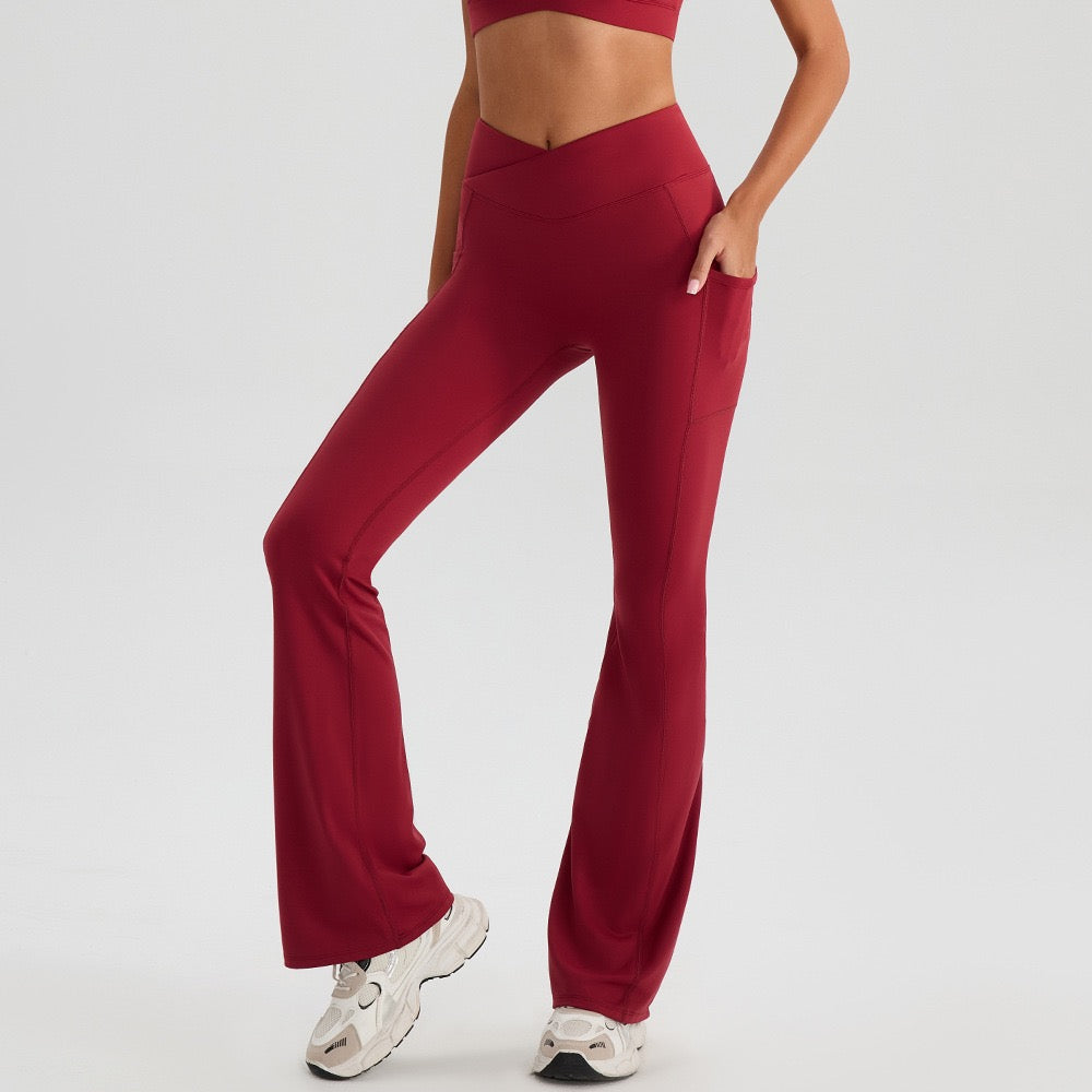 crossover waist flare leggings with pockets