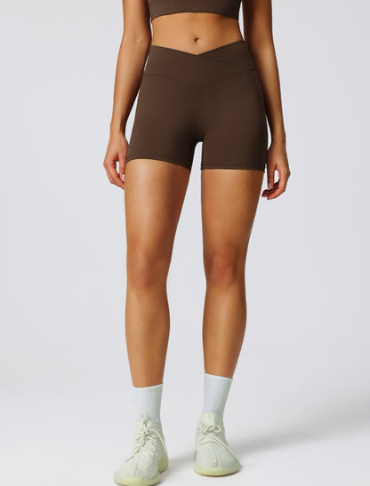 brown crossover waistband yoga shorts