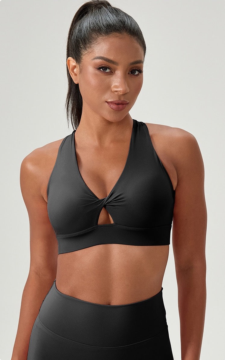 deep V twist front sports bra black
