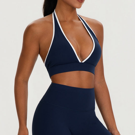 navy blue deep v sports bra