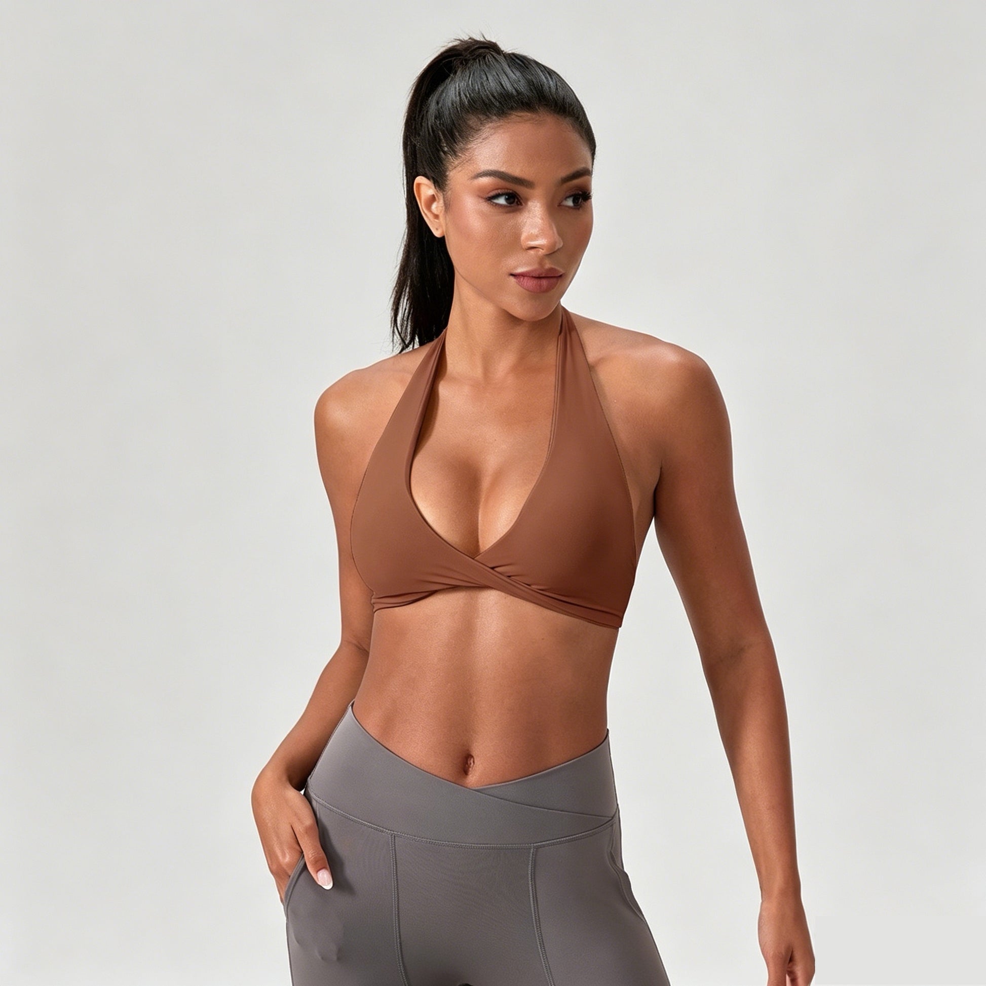 brown deep v sports bra women