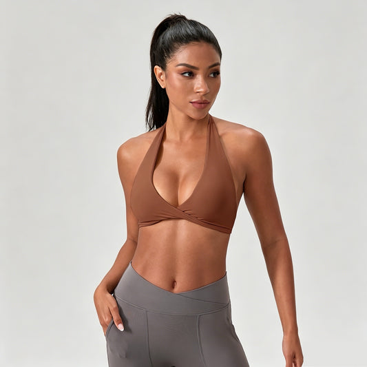brown deep v sports bra women