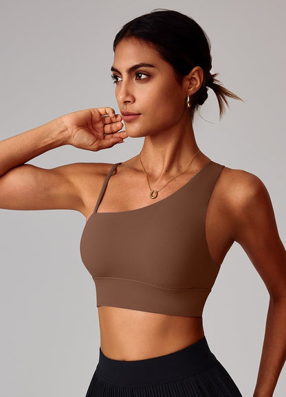 brown sports bra asymmetrical