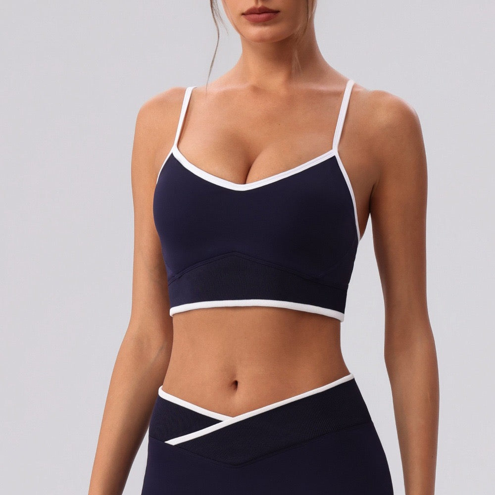 navy blue fitness crop bra with contrast trim