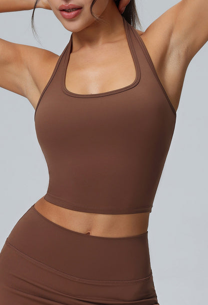 brown fitness halter neck top women