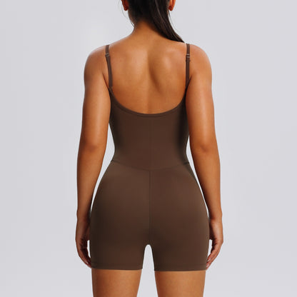 fitness one piece shorts romper brown