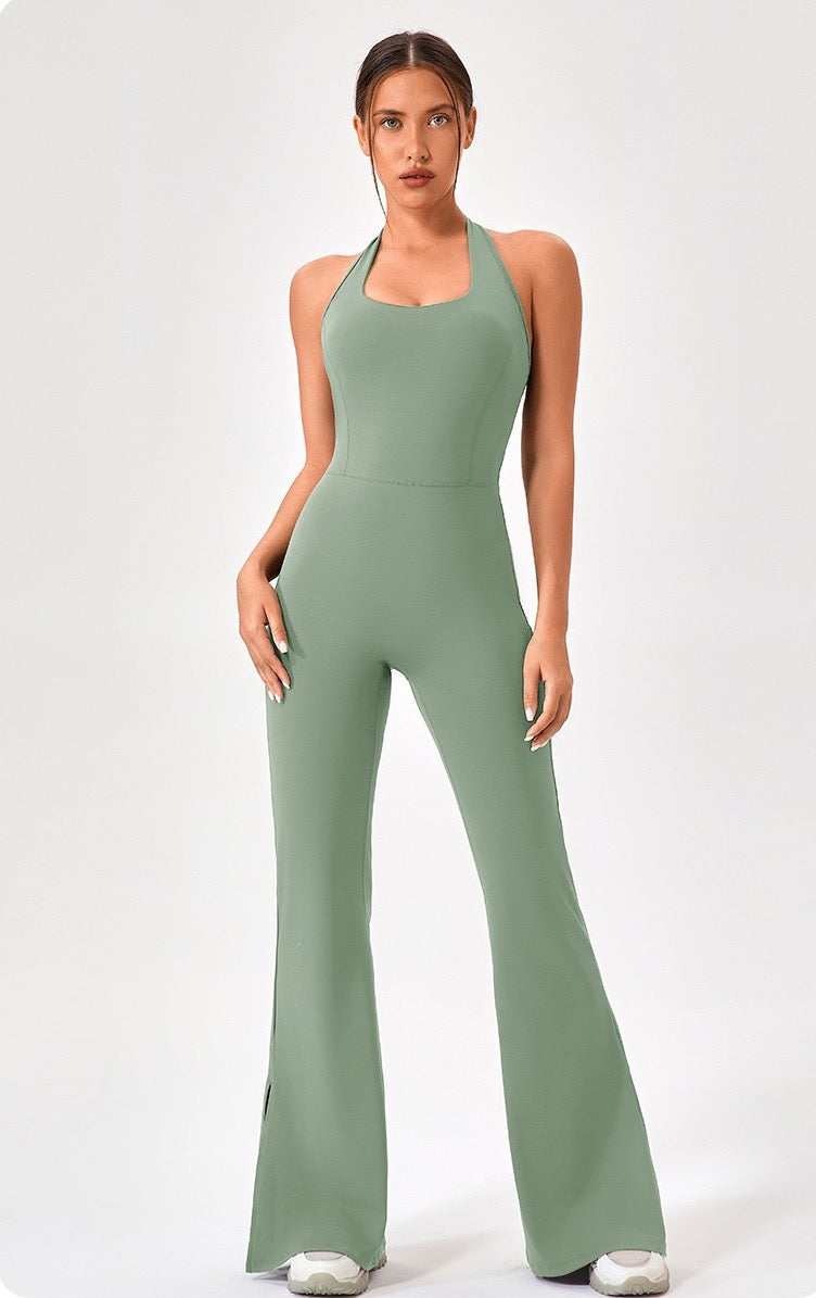 grey green flare workout jumpsuit