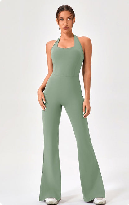 grey green flare workout jumpsuit
