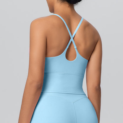 flattering silhouette yoga tank blue